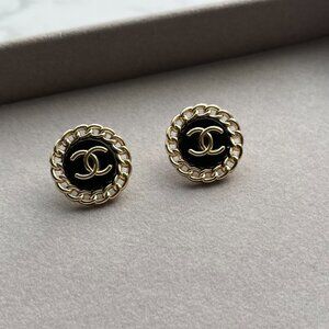 Upcycled Vintage Chanel CC Black and Gold Earrings - 24k Gold-Plated - Handmade
